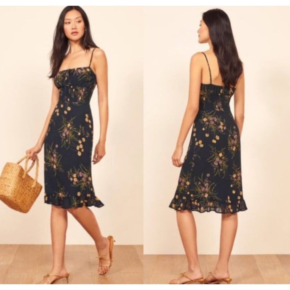 Reformation Genie Dress in Mademoiselle‎ Navy Floral Print Women Size 0 Romantic